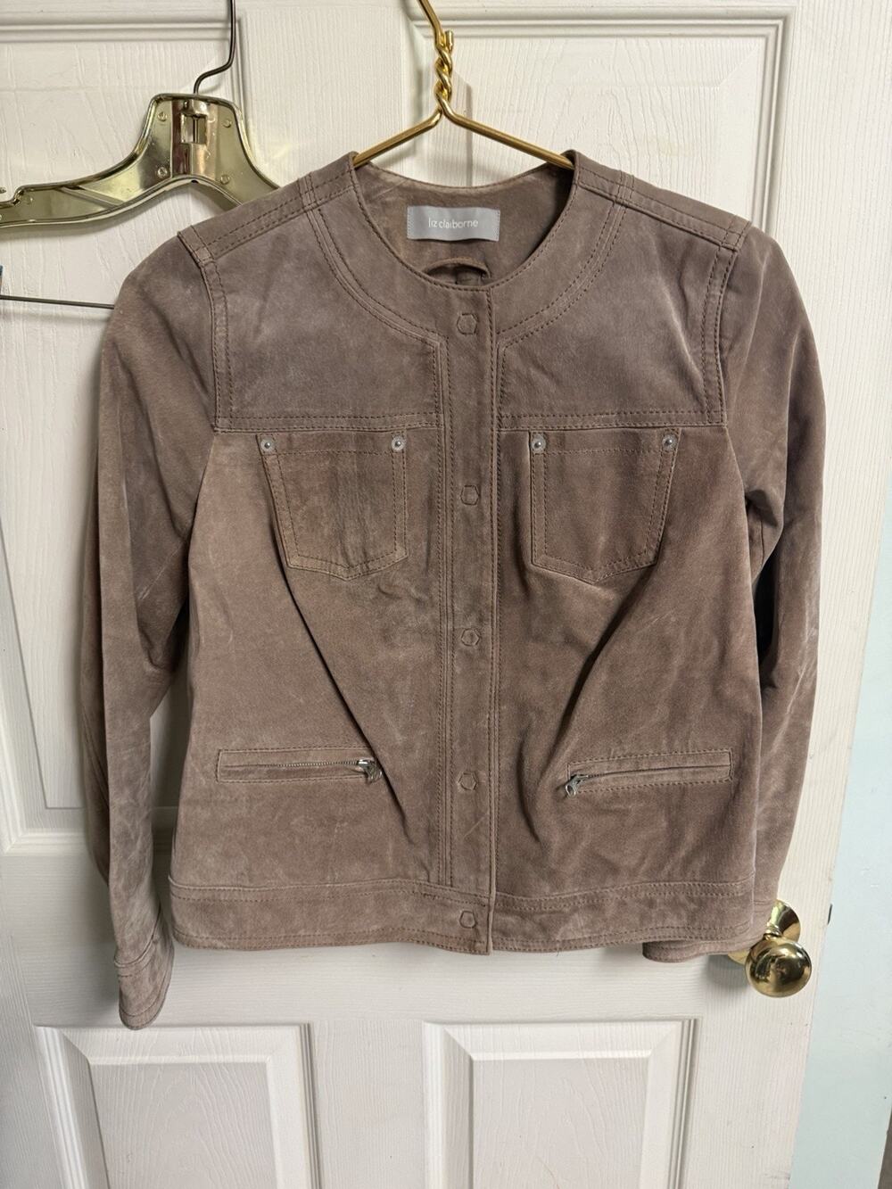 Liz Claiborne 100% Suede Leather Jacket Blazer Coat Small 36w Tan Beige Metal